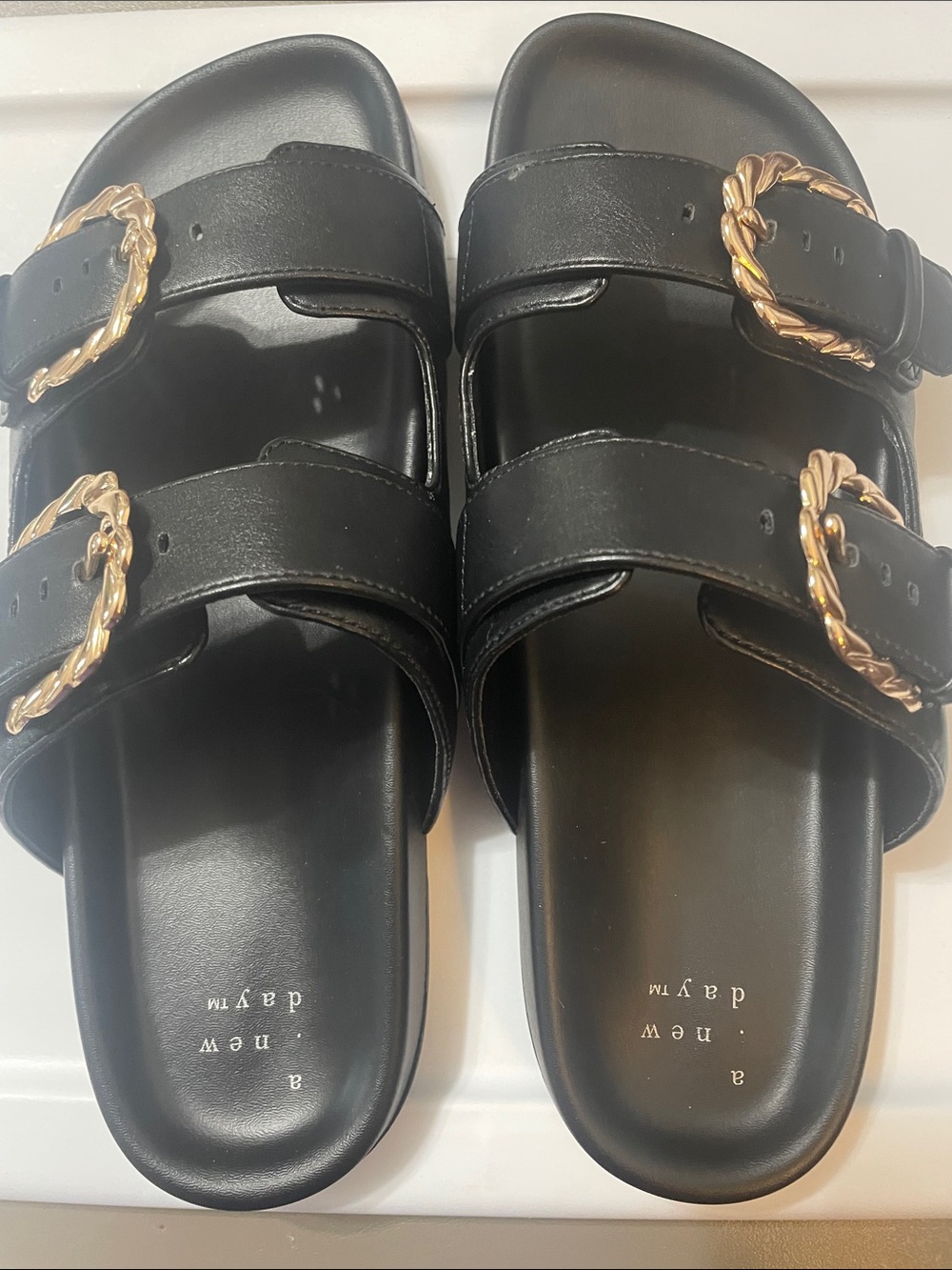 a new day Black Double-Strap Slide Sandals with Gold Twisted Buckles, NWOT